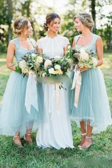 A-Line Square High Low Light Blue Tulle Bridesmaid Dress with Beading AHC620 | ballgownbridal