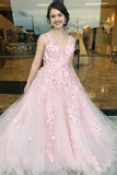 A-Line Deep V-Neck Sweep Train Pink Tulle Open Back Prom Dress with Appliques LR100