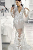 Mermaid Long Prom Dresses Gray Lace Evening Dresses Long Sleeves PDA223 | ballgownbridal
