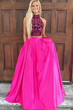 Two Piece High Neck Sweep Train Fuchsia Satin Open Back Prom Dress with Beading Pockets LR49
