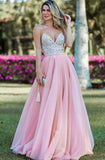 A-Line Spaghetti Straps Backless Pink Organza Long Prom Dress LRA002