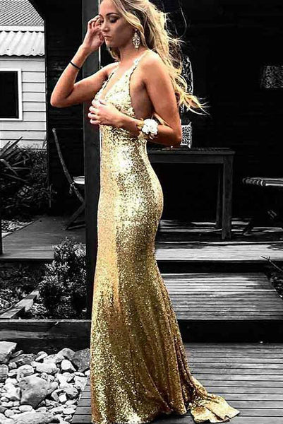 Mermaid Golden V Neck Long Prom Evening Dresses with Open Back PDA233 | ballgownbridal