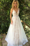A-Line Deep V-Neck Floor-Length White Tulle Backless Prom Dress with Appliques Lace LR134