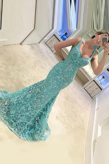 Mermaid Straps Sweep Train Turquoise Tulle Prom Dress with Appliques AHC677 | ballgownbridal