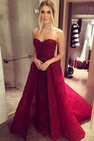 A-Line Sweetheat Court Train Dark Red Lace Prom Dress with Appliques LR425 | ballgownbridal