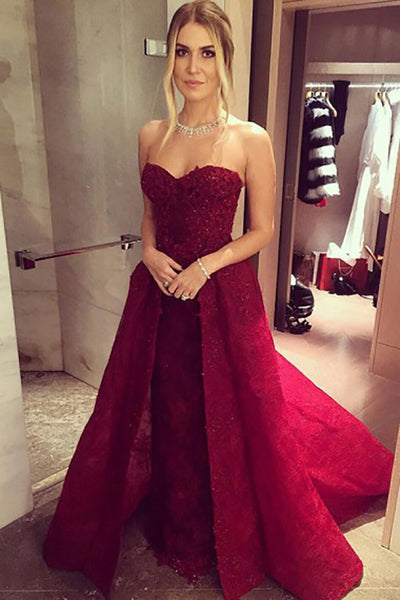 A-Line Sweetheat Court Train Dark Red Lace Prom Dress with Appliques LR425 | ballgownbridal