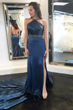 Mermaid Cross Neck Backless Court Train Dark Blue Prom Dress with Beading PDA322 | ballgownbridal