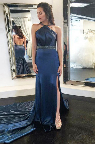 Mermaid Cross Neck Backless Court Train Dark Blue Prom Dress with Beading PDA322 | ballgownbridal