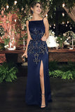 Mermaid Square Floor-Length Cut Out Navy Blue Satin Prom Dress with Embroidery LR457
