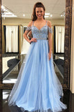 A-Line Straps Cold Shoulder Sweep Train Blue Tulle Prom Dress with Beading LR323