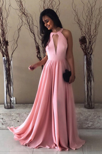 A-Line Crew Backless Floor-Length Pink Prom Dress with Keyhole PDA355 | ballgownbridal