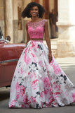 Two Piece Bateau Sweep Train Pink Printed Satin Prom Dress with Beading LR306