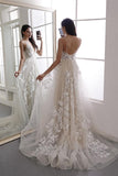 A Line Gorgeous White Wedding Dresses Long V Neck Sweep Train PDA046 | ballgownbridal