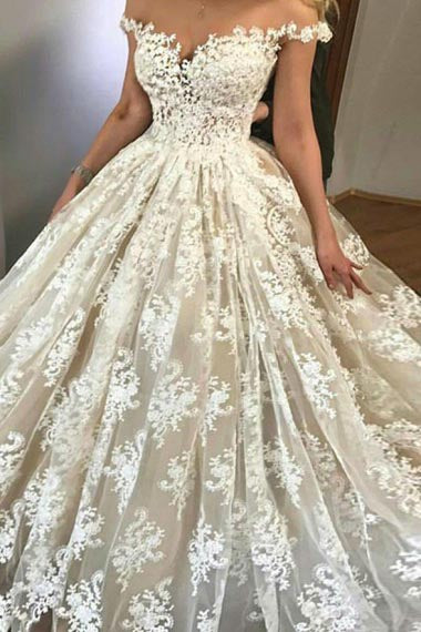 Ball Gown Off-the-Shoulder Court Train Ivory Tulle Wedding Dress with Appliques AHC576