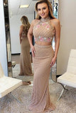 Two Piece High Neck Sweep Train Champagne Tulle Prom Dress with Beading Embroidery LR147