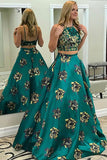 Two Piece Jewel Sweep Train Hunter Printed Satin Sleeveless Prom Dress LR90