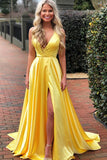 A-Line V-Neck Sweep Train Yellow Satin Prom Dress with Split LR27