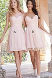 A-Line One-Shoulder Above-Knee Pink Tulle Sleeveless Bridesmaid Dress AHC619 | ballgownbridal