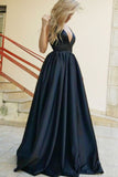 A-Line Deep V-Neck Backless Black Satin Prom Dress with Pockets PDA304 | ballgownbridal