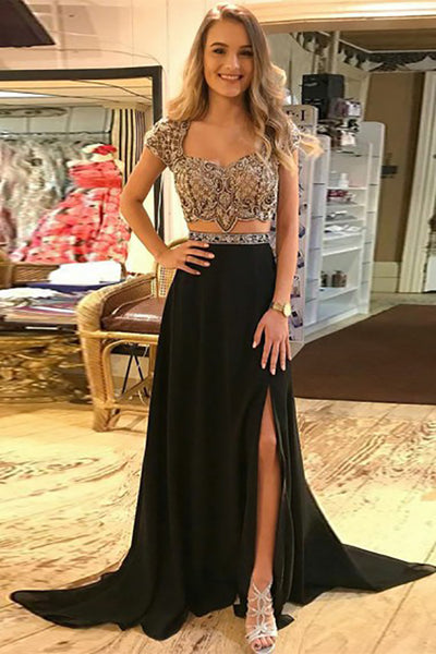 Two Piece Square Sweep Train Cap Sleeves Split Black Prom Dress with Beading LR235