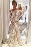 Mermaid Off-the-Shoulder Long Sleeves Ivory Tulle Wedding Dress with Appliques AHC581