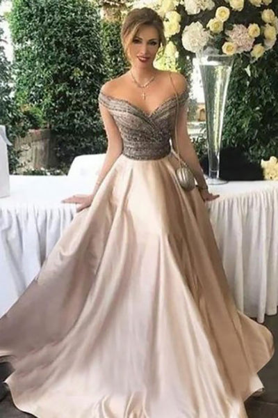 A-Line Off-the-Shoulder Sweep Train Champagne Satin Sleeveless Prom Dress with Beading LR67