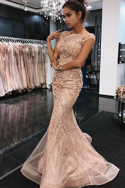 Mermaid Pink Long Prom Dresses Bateau Evening Dresses with Appliques PDA227 | ballgownbridal