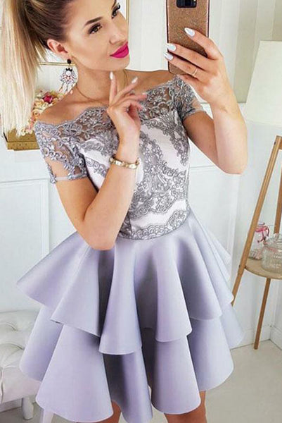 Off the Shoulder Gray Short Homecoming Dresses 2019 with Appliques PDA141 | ballgownbridal