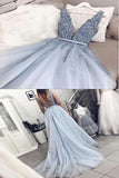 Fairy V Neck Backless Light Blue Appliques Long Prom Dresses LR6