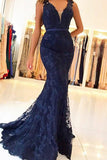 Mermaid V-Neck Sweep Train Navy Blue Lace Prom Dress with Appliques  LR251