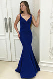 Mermaid Deep V-Neck Sweep Train Navy Blue Velvet Lace Up Prom Dress LR284