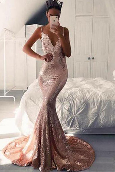 Sexy Mermaid Long Prom Dresses Spaghetti Straps Pink Evening Dresses PDA214 | ballgownbridal