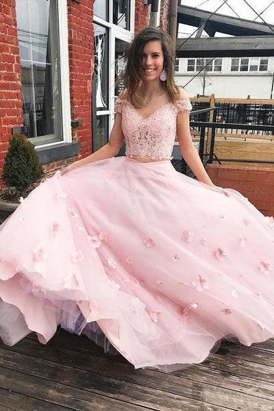 Pink Tulle Off Shoulder Two Pieces Long Lace Homecoming Dress PDA509 | ballgownbridal