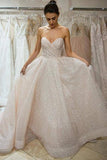 A-Line Sweetheart Court Train Sleeveless Ivory Lace Wedding Dress with Sequins AHC578