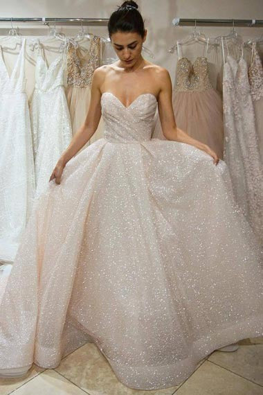 A-Line Sweetheart Court Train Sleeveless Ivory Lace Wedding Dress with Sequins AHC578