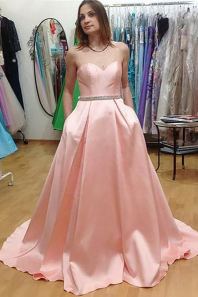 A-Line Sweetheart Sweep Train Pink Satin Sleeveless Prom Dress with Beading Pockets LR390
