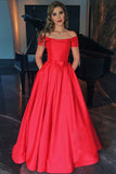 A-Line Off-the-Shoulder Short Sleeves Red Satin Prom Dress with Pockets PDA397 | ballgownbridal