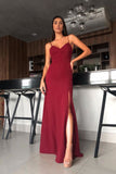 Sheath Spaghetti Straps Backless Floor-Length Dark Red Prom Dress with Split PDA352 | ballgownbridal