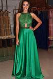 A-Line Jewel Sweep Train Keyhole Green Satin Open Back Beaded Prom Dress LR460 | ballgownbridal