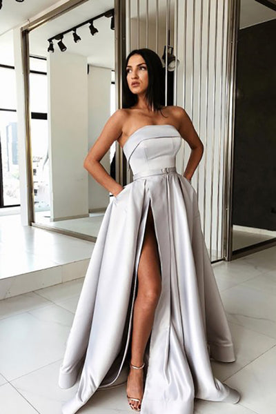 A-Line Strapless Sweep Train Light Grey Prom Dress with Pockets Split  LR35