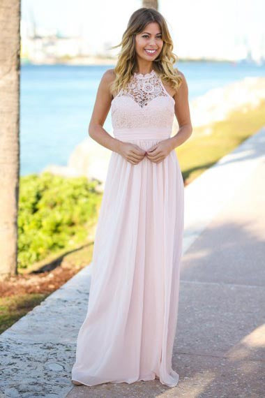 A-Line Jewel Floor-Length Open Back Pink Chiffon Bridesmaid Dress with Lace AHC653