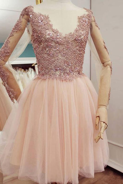 Gorgeous A Line V Neck Short Pink Homecoming Dresses with Appliques PDA120