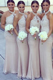 Mermaid Halter Floor-Length Blush Chiffon Bridesmaid Dress with Appliques AHC633 | ballgownbridal