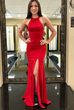 Mermaid Jewel Sweep Train Split Criss-Cross Straps Red Stretch Satin Prom Dress LR373