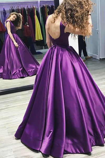 Ball Gown V-Neck Sweep Train Grape Satin Sleeveless Backless Prom Dress AHC522