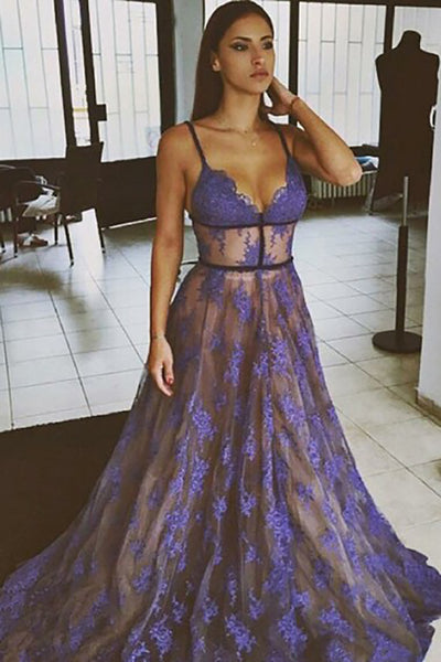 A-Line Spaghetti Straps Sweep Train Grape Lace Prom Dress with Appliques LR495 | ballgownbridal