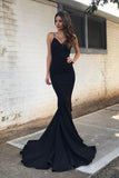 Mermaid Spaghetti Straps Sweep Train Black Stretch Satin Prom dress AHC663 | ballgownbridal