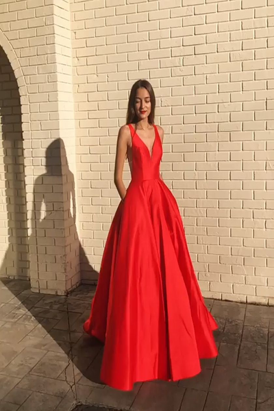 Red Long Prom Dresses,V-neck A-line Prom Dresses,Long Evening LR15