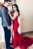 Mermaid Strapless Sweep Train Red Satin Sleeveless Split Pleats Prom Dress LR71