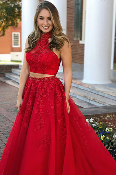 Two Piece High Neck Sweep Train Red Tulle Prom Dress with Appliques Beading LR348